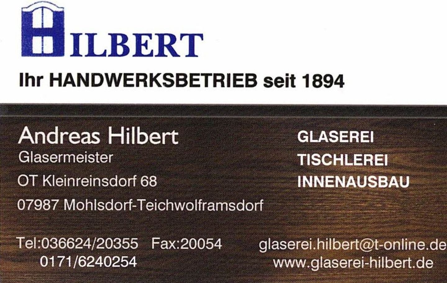 Logo der Firma Glaserei - Tischlerei Hilbert Inh. Andreas Hilbert aus Mohlsdorf-Teichwolframsdorf auf dem Branchenportal Glaserei.org